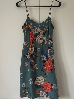Anthropologie Teal Floral Slip Dress with Red & Yellow Blooms